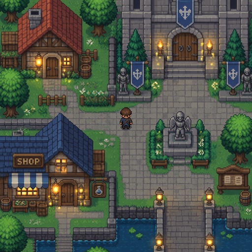  Small floating lights around doors for a fantasy game set in modern times, top down style