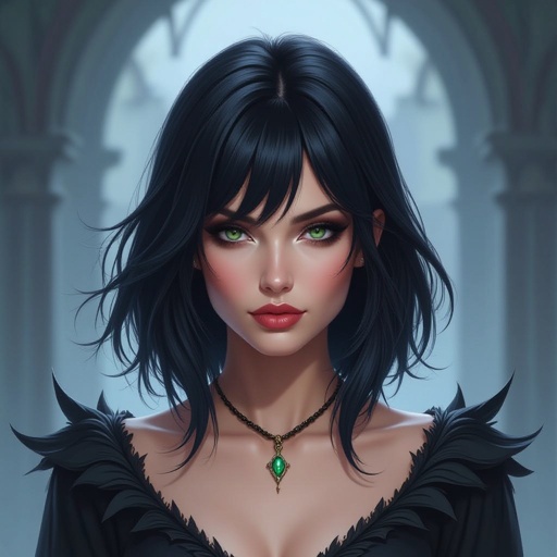Show character head to toe. Create a mid age fantasy woman jet-black hair is cut sharpand her eyes seem to pierce through darkness. A shadowy aura clings to her form,