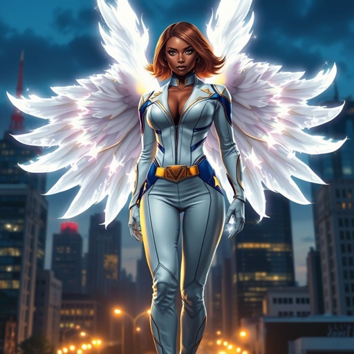 African American female superhero with brown hair with gold highlights in a shoulder length side part hairstyle with pure Gold Glowing eyes wearing a white suit with gold and royal blue  with white pants and gold and white knee length boots with a utility belt with a gold V  as her chest emblem with glowing  wings made of white fire in Philadelphia 