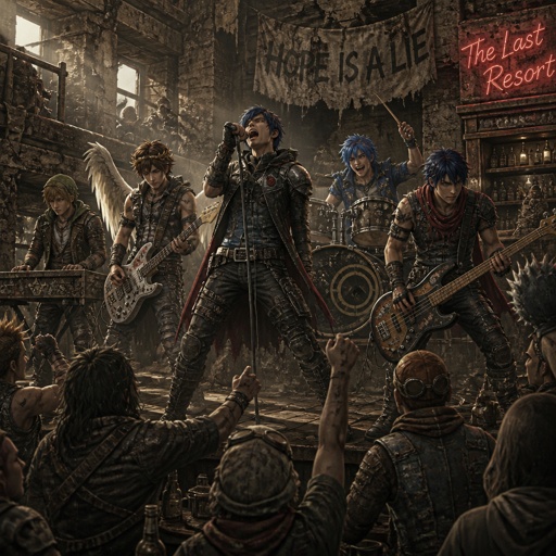 Super smash brothers link from legend of Zelda, pit from kid Icarus, Marth from fire emblem, Ike from fire emblem, Sonic as a human from sonic the hedgehog . There in a band, Marth singer really loud ,pit playing the guitar closing his eyes very happy ,Ike playing the bass with aggressive face expression, Sonic the hedgehog as a human playing the drums grinning,link playing the electric piano smiling intense eyebrows, there singing in a bar, there all wearing rock and roll clothes lots of cheering all aggressively singing awesome rock music 