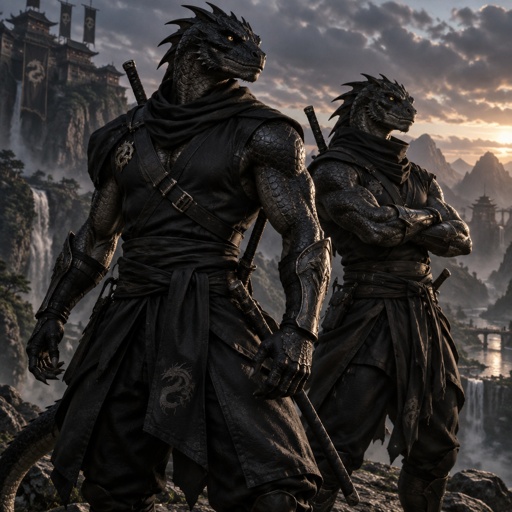 Two brothers, black dragons lizards , muscular in ninja outfits. They were created to help stop extinction.