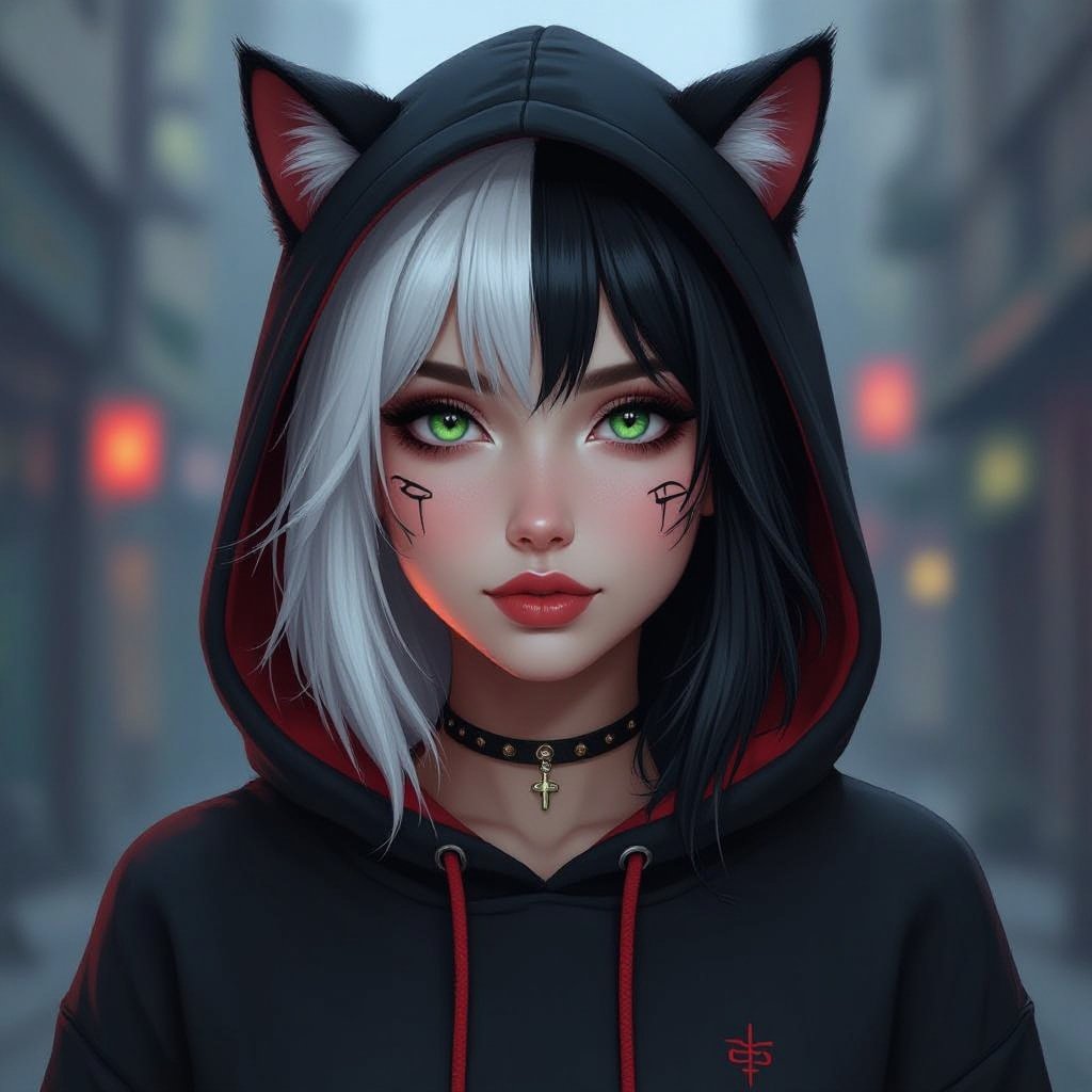 Młoda kobieta. Włosy do ramion, z grzywką, prawa połowa włosów biała, lewa połowa włosów czarna. Okrągła, pyzata twarz. Szaro-zielone oczy. Wąskie, małe usta. Ubrana w czarno czerwoną bluzę z kaptórem z kocimi uszkami. Realistyczna