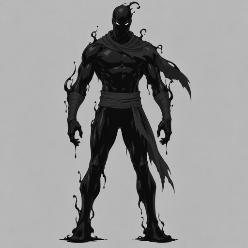 Male Superhero with dark shadow abilities, simple costume, body made of black goo