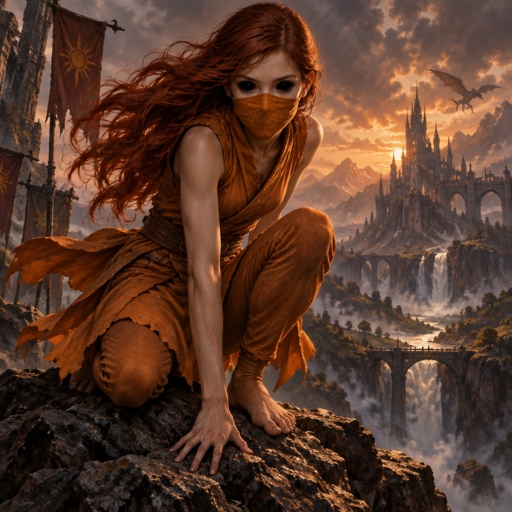 Female wearing an orange one piece legs covered sleeveless feet showing, red long hair, completely black eyes, orange breathing mask, 15 years old 