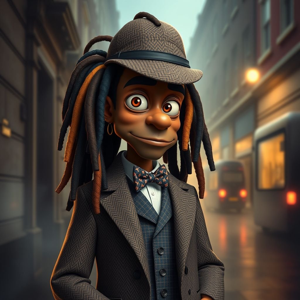 Create a funny character similar to Sherlock Holmes, but make him of black decent and with dread locks. Show his whole outfit including his shoes.