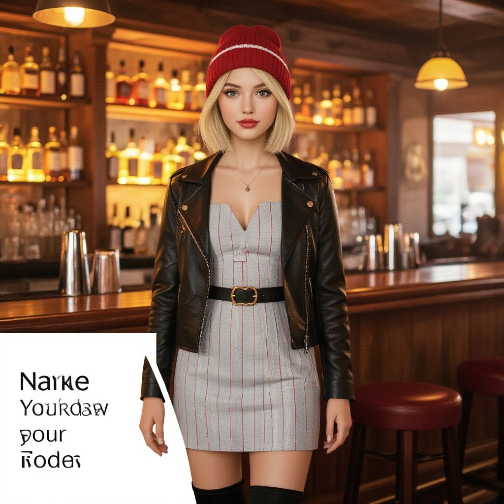 A semi-realistic, cinematic portrait of a young woman standing in a warmly lit bar. She has a short blonde bob, light skin, and expressive eyes beneath a red beanie with a thin horizontal white stripe. She wears a light gray mini-dress patterned with thin vertical red and white stripes, cinched at the waist with a black belt featuring a gold buckle. Over it, she wears a fitted black leather jacket comfortably on her shoulders, zipped partway or open to reveal the dress beneath. She also wears tall black boots. The bar’s wooden shelves filled with bottles glow in soft amber light, creating a cozy, cinematic atmosphere that highlights her confidence and stylish composure.