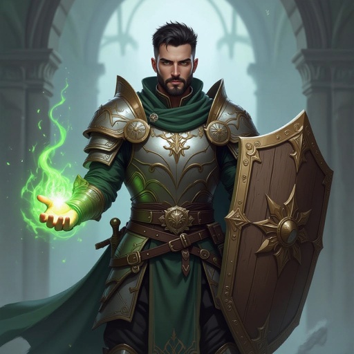 Male Cleric with heavy armor, and a shield white skin and short black hair and short beard. Green magic coming from his hands