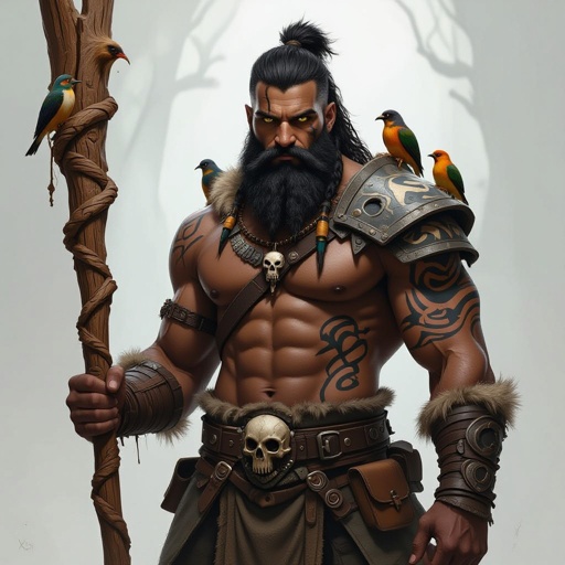 Kael the Beastbound – A rugged, broad-shouldered man with black skin and a rough beard, wearing armor made from bone and leather. deep green eyes tattoos of animal tracks spiral down his arms. He carries a massive wooden staff carved with the shapes of beasts, and small creatures often perch on his shoulders or follow at his feet.