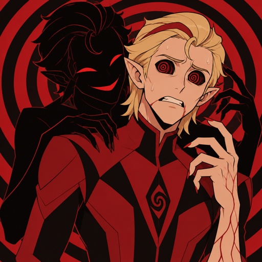 Male, blonde greased brushed back hair, neck length hair, curl on forehead, red streak in hair, slim, scar on lip, red and black spiral eyes no whites, superhero with chaos powers, cool outfit red no cape, pointy ears, pointy fingers with red tips, red veins, nervous, sweating, another version of him that’s completely black except the eyes and mouth smiling trying to manipulate him, spiral background
