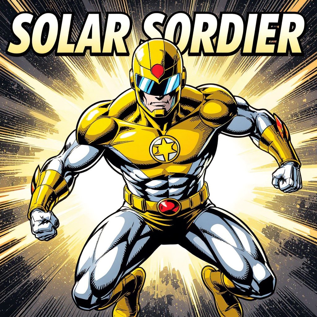 SOLAR SOLDIER. Blinding yellow and white bodysuit. Helmet with Visor. Insignia is ☉. No Red in costume