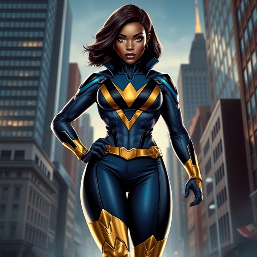 African American female superhero with hair  in a shoulder length side part hairstyle with pure Gold Glowing eyes wearing  a black blue and gold accented suit with navy blue pants and gold knee length boots with a V with the top half gold and the bottom half black as her chest emblem in Philadelphia 