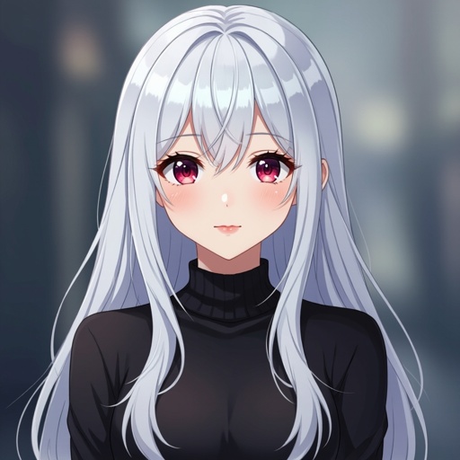 A teenage girl with long silver hair and red wine eyes.