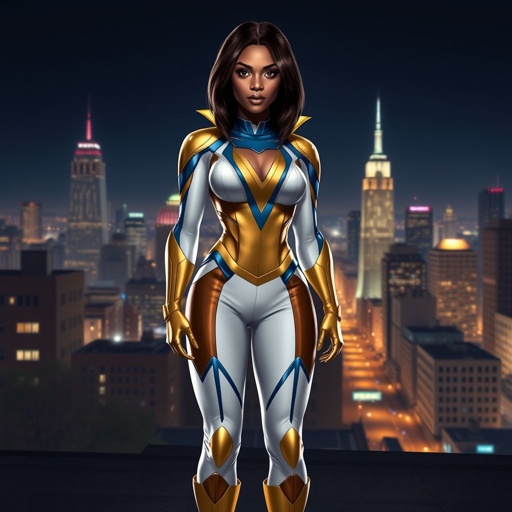 African American female superhero with shoulder length hair in a side part style wearing a gold and white suit with blue accents with white pants and gold boots with a stylized V as her chest emblem standing ona roof in a Philadelphia at night
