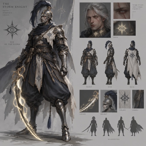 lightning knight, plume helmet, grey hair, eye of the storm mark, baggy pants, scar eye, teleportation ability, storm creation, lightning curved sword