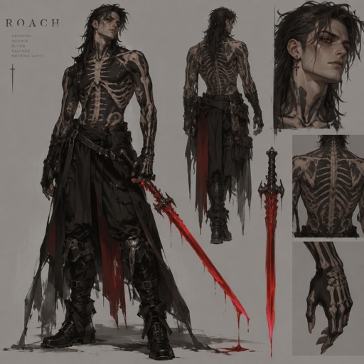 assassin name roach, long mullet, sword made of blood, full skeleton tattoo