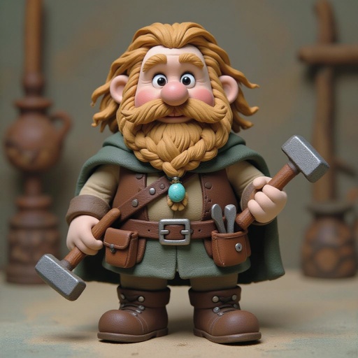 Create a stocky dwarf with a weathered face, braided beard tucked into his belt, and straw-tousled hair. Wears a soot-stained cloak over a leather smith’s vest, tool belt with hammer and chisels, heavy boots. Subtle turquoise rune glow from a pebble at his neck,