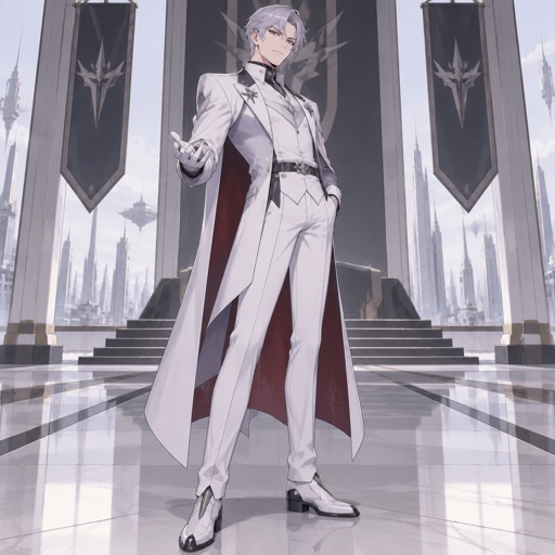 Outfit for a male Villian in a futuristic setting, simple, full body, light colored