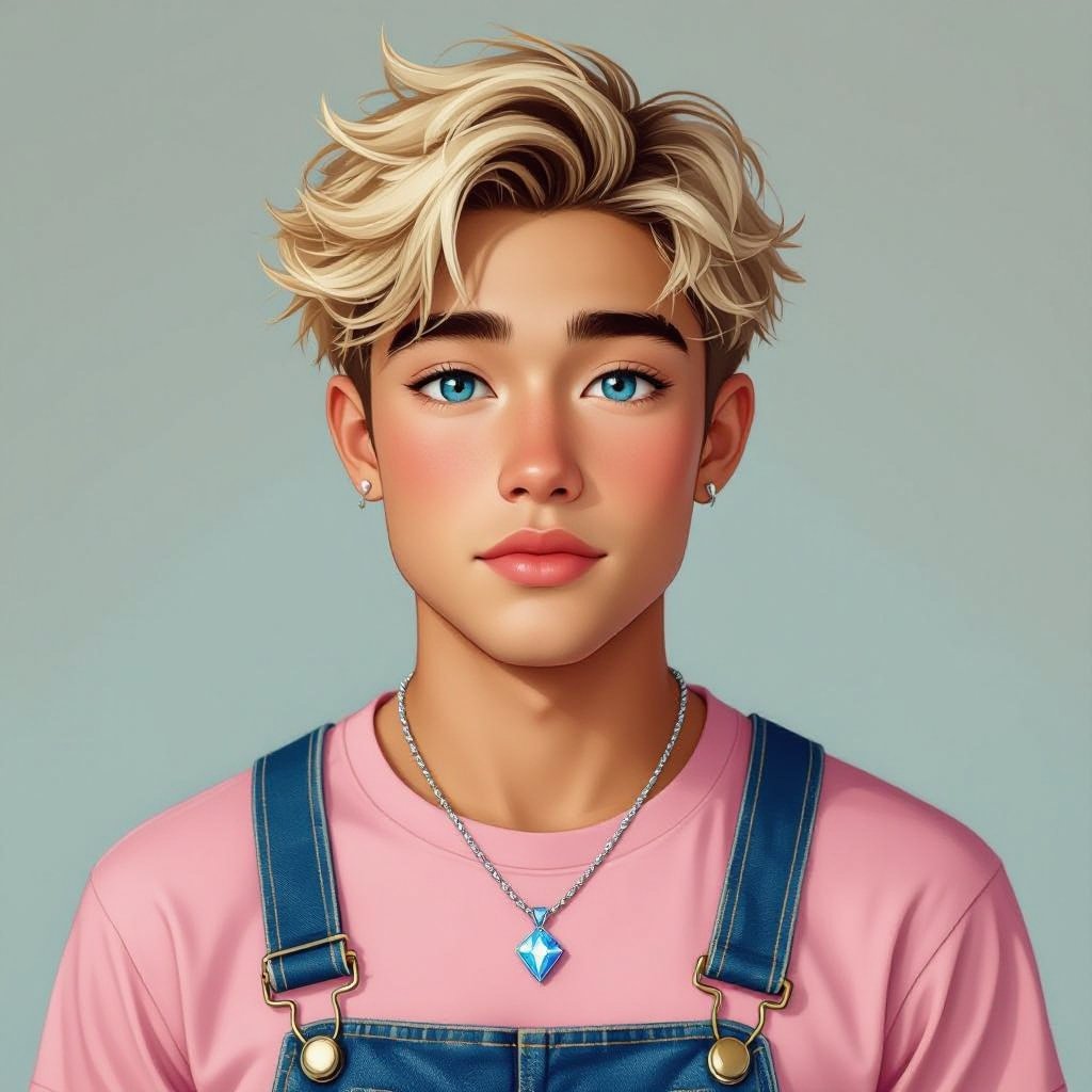 Half Japanese half Latino male 19-year old with blonde hair and blue eyes no beard wearing a pink shirt with overalls  and a blue diamond shaped necklace and slightlychubby cheeks