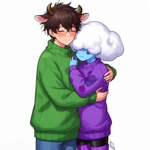 Two characters hugging wearing matching sweaters. The boy has a green one and the girl has a purple one. The boy has dark brown hair, small horns and cute cow ears. He is a little taller than the girl and usually has a blank expression but blushes around her( he is also wearing jeans) the girl is wearing a matching purple sweater ( both are oversized) , her skin is blue with purple patches and she has a soft cloud shaped poof of white hair that covers her eyes. She is also wearing black leggings and purple leg warmers 