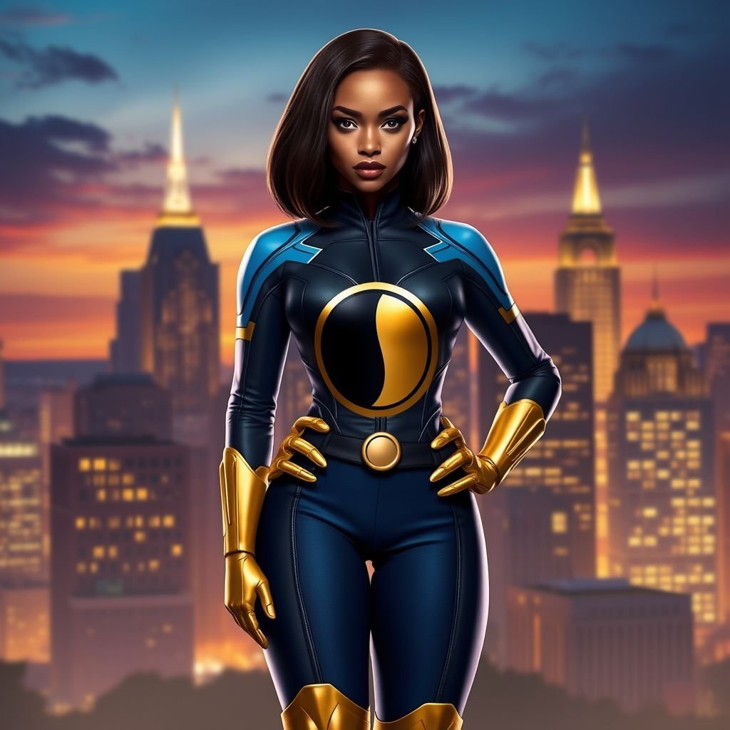 African American female superhero with hair  in a shoulder length side part hairstyle with pure Gold Glowing eyes wearing  a black blue and gold accented suit with navy blue pants and gold knee length boots with a V with the top half gold and the bottom half black as her chest emblem in Philadelphia 