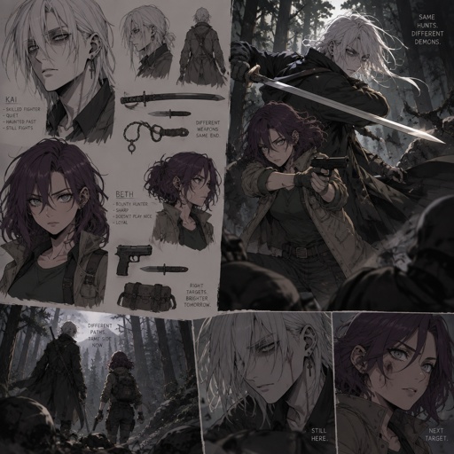 Anime style, male, name kai,highly skilled in fighting all fighting styles and weapons, long white hair half in face ,dark bags,white skin,earrings, history unknown,Female, name is Beth,medium wavy dark purple hair, gray eyes, short, open jacket with a dark green shirt, she is a Bounty Hunter for hire, there fighting in the woods
