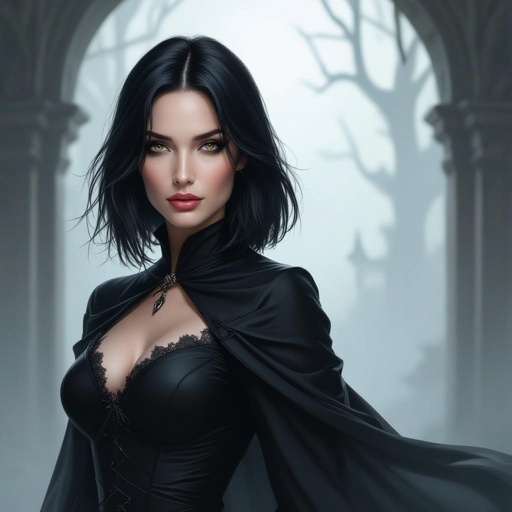 Show character head to toe. Create a mid age fantasy woman jet-black hair is cut sharpand her eyes seem to pierce through darkness. A shadowy aura clings to her form,