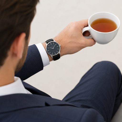 Show it from off to the side like we are looking over his shoulder at his watch with him. The tea cup is in his watch hand 
