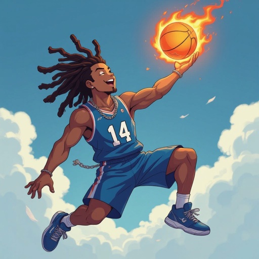 My character is a kind of muscular kind of on the light skin mix guy with 12 big dreadlocks and a blue basketball jersey with the number 14 and a chain on his neck and he is jumping in the air to dunk a fire ball  
