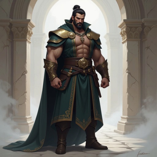 Giant Stoic Man strongly built with black hair in nobles clothing from the Middle Ages bureaucrat