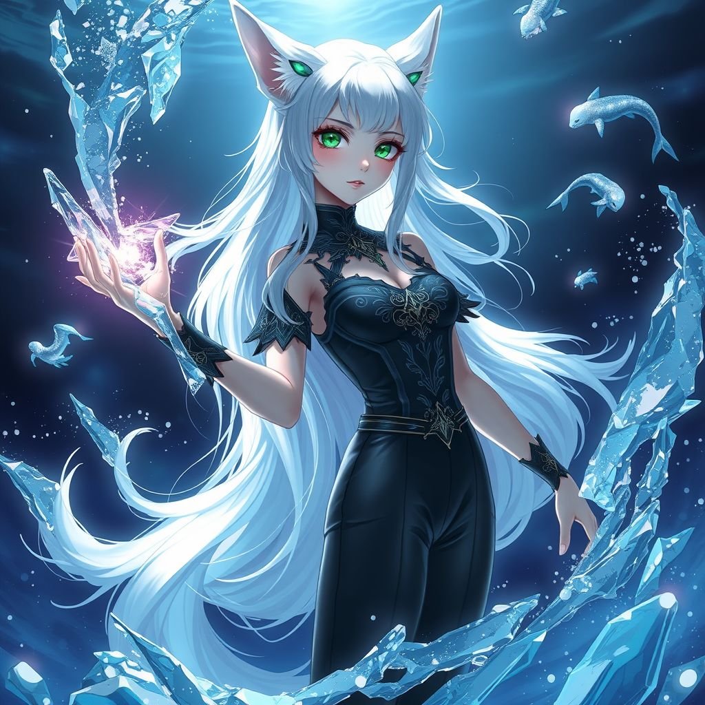 A teenage girl with pale skin and emerald eyes wearing black royal top and trousers with long white hair and small fox ears conducting ice in the depths of the ocean