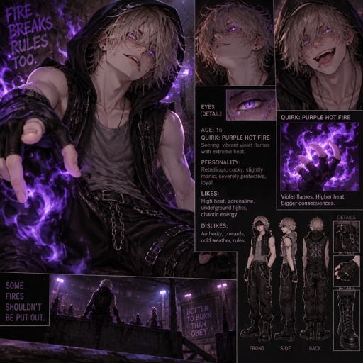 must stand. Gender: Male Age: 16 Eyes: Electric violet with faint fiery glowing embers Quirk: Purple Hot Fire — ignites searing, vibrant violet flames Hair: Messy, ash-blond shag covering his face Skin: Fair with a dusty rose-blush nose tip Clothing: Sleeveless dark hoodie, grey tank, black cargo pants with chains, straps, and fingerless gloves Species: Human Backstory: Unknown Personality: Rebellious, cocky, slightly manic, but severely protective and loyal Likes: High heat, adrenaline, underground fights, chaotic energy Dislikes: Authority, cowards, cold weather, rules