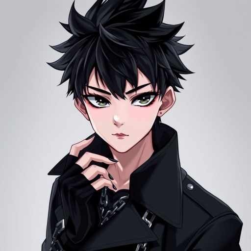 Create a teenage goth boy who has black hair, black eyes, pale skin and his attire is black.