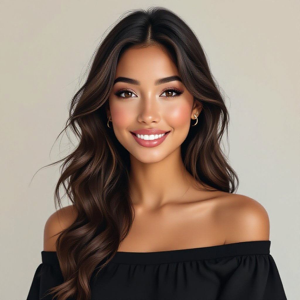 Young Latina women, long wavy hair (pulled half up), ear piercings, soft loving smile, off the shoulder black dress