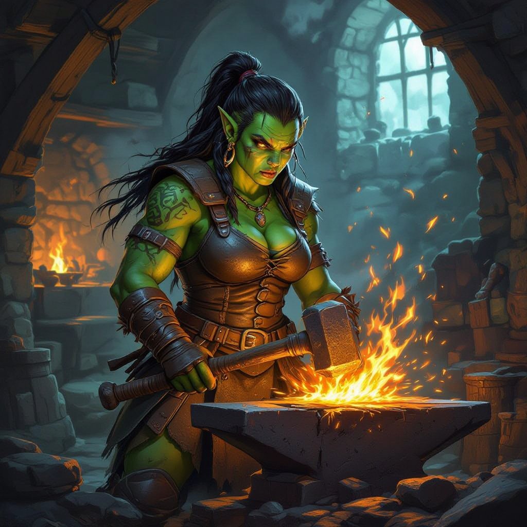 A female half orc blacksmith