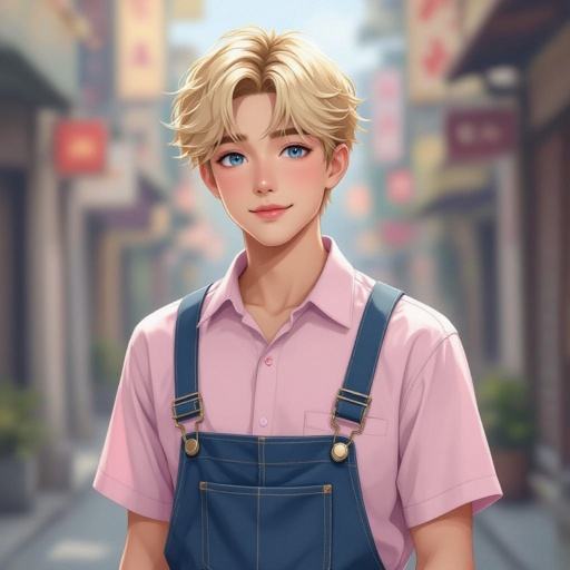 Japanese male 18-years old blonde hair blue eyes no bear wearing a light pink shirt with overalls has a bit of chubby cheeks looks a bit feminine and a bit frail no button shirt