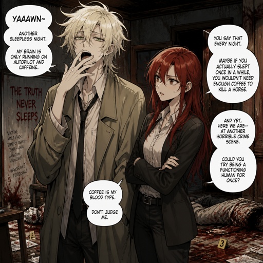 Anime style Male great detective takes his job seriously mid 20s medium really crazy light blonde hair, tall thin tied, clean shaven, strange green eyes wearing baggy loose jacket tired face, partner, long red hair brown eyes annoyed and concerned for him, try take case seriously,gruesome seen,detective do whatever he can, partner and him get into arguments usually partner will say "you really need some rest you can barely stand and your speaking trails off, how do you expect to finish this case with the little sleep and food you get" detective reply" all I need is some coffee, I can survive I don't plan on resting till I get to the bottom of this, worrying never helps"as he yawns, partners says back "ugh! your really stubborn, looks like I'm going to have to catch you again when you pass out" as a comic