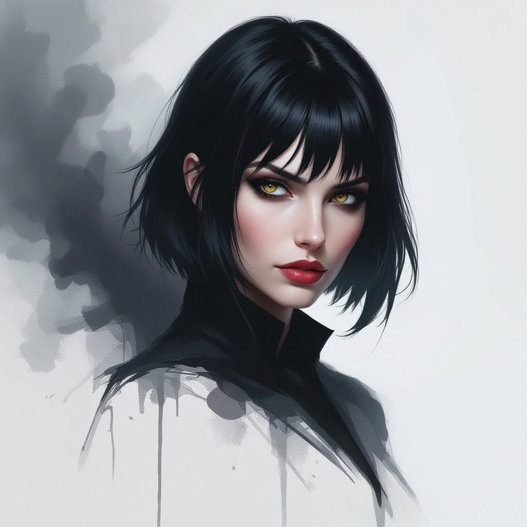 Show character head to toe. Create a mid age mysterious woman jet-black hair is cut sharpand her eyes seem to pierce through darkness. A shadowy aura clings to her form,