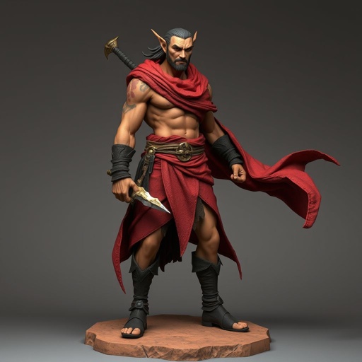 Create handsome hero  Rhen the Fire – A lean, muscular man. He wears layered, flowing desert robes dyed in warm reds and golds, with scorch marks where flames have licked them. A curved blade hangs at his hip.  Show whole body head to toe including her shoes.