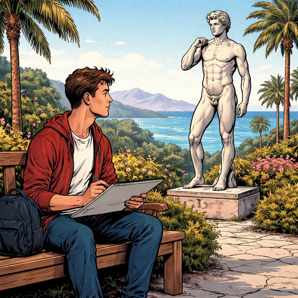 Refined realistic, no caricature no speech bubbles a young man it is early 20s is sitting with a drawing pad on a bench in the sculpture garden looking at a large male, naked sculpture, the garden overlooks mountains, palm trees, and the ocean