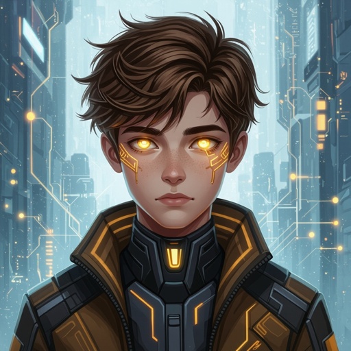 Teen boy brown hair with golden eyes and mysterious with mysterious powers