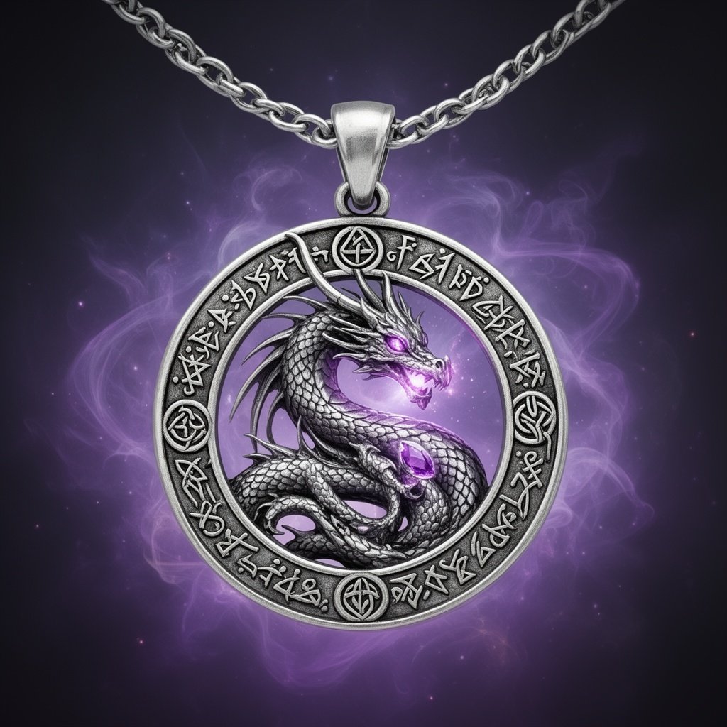 Silver necklace with a dragon curled in the center. The dragon has amethysts in its eyes.