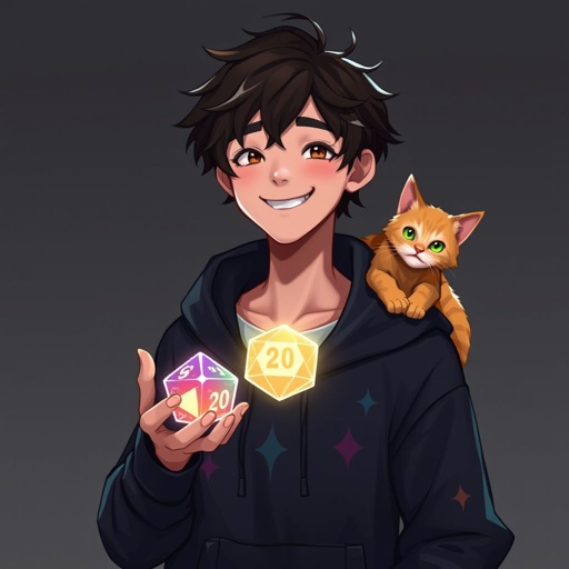 A guy with dark brown hair who holds epic looking dices normal size with 20 sides in one hand, he wears a black hoodie and he has one orange cat at his shoulder, and is smiling