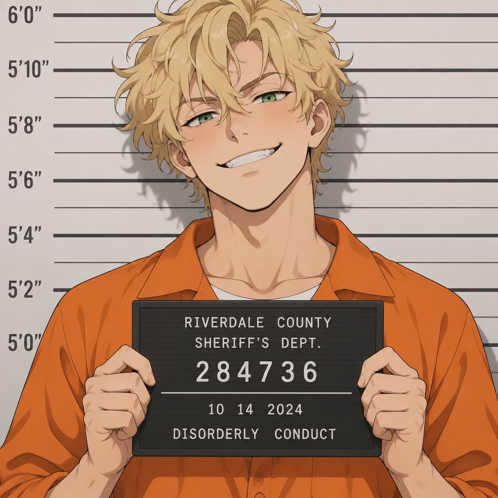 male blonde curly hair, green eyes, smiling mischievously, blush, wearing orange jumpsuits getting his mugshots taken, holding placard, cinematic