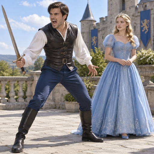 Sword Mouth Wide Screamed Angry Male Men White Long Sleeve Shirt Black Rider Vest Blue Pants Black Shoes Princess Blue Princess Dress Shoes