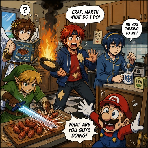 Super smash brothers link from legend of Zelda, pit from kid Icarus, Marth from fire emblem,Roy from fire emblem,Roy,link,and pit are in casual clothes, Marth is in pajamas there trying to make breakfast Roy accidentally got pancake batter on himself holding frying pan that caught on fire saying "crap,crap, marth what do I do!" link cutting sausages on cutting board really fast using the master sword, pit trying to read the cookbook but it's upside down and he can't read, Marth wearing his pajamas making himself some tea with a tired face expression Marth sleepily replies to Roy saying "Hu you talking to me?" Mario runs in the kitchen with a freaked out face expression then says "what are you guys doing!"