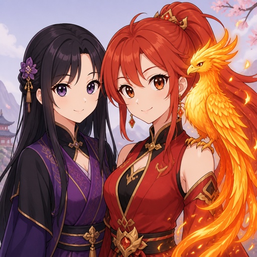 Zwei Mädchen, mit Phoenix auf der Schulter