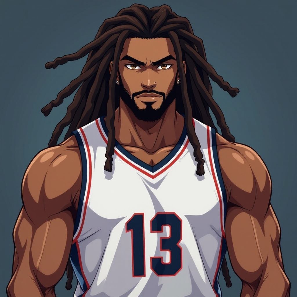 My character is a muscular skin guy with long and thick dreadlocks and he is wearing a basketball jerseys 