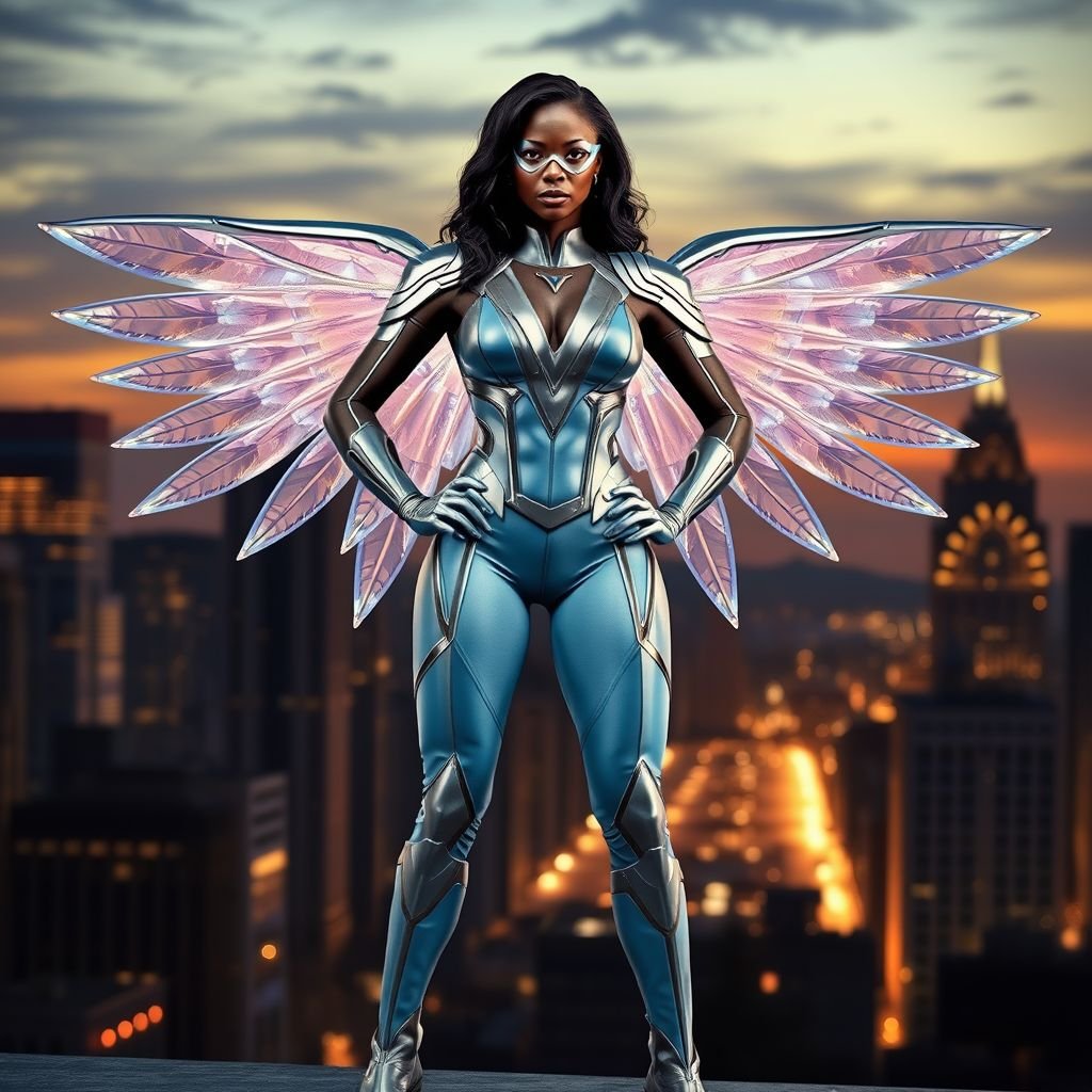 African American female superhero wearing a domino mask and a leather slightly armored light blue and silver suit with light blue pants and silver boots and a V as her chest emblem with crystal wings standing in Philadelphia at dusk