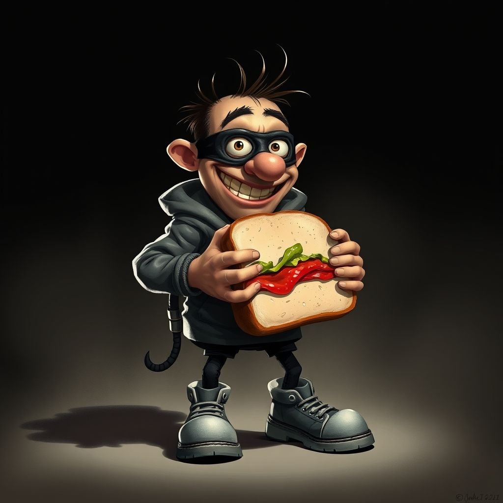 Create a funny looking clumsy sandwhich thief with funny shoes on. Make him have on the bandit black thing around his eyes