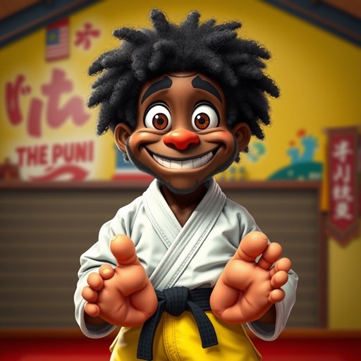 Create a character who looks like a funny African karate guy who doesn’t have a clue what he is doing. Make him have weird toes, only speedos on and a black karate belt.